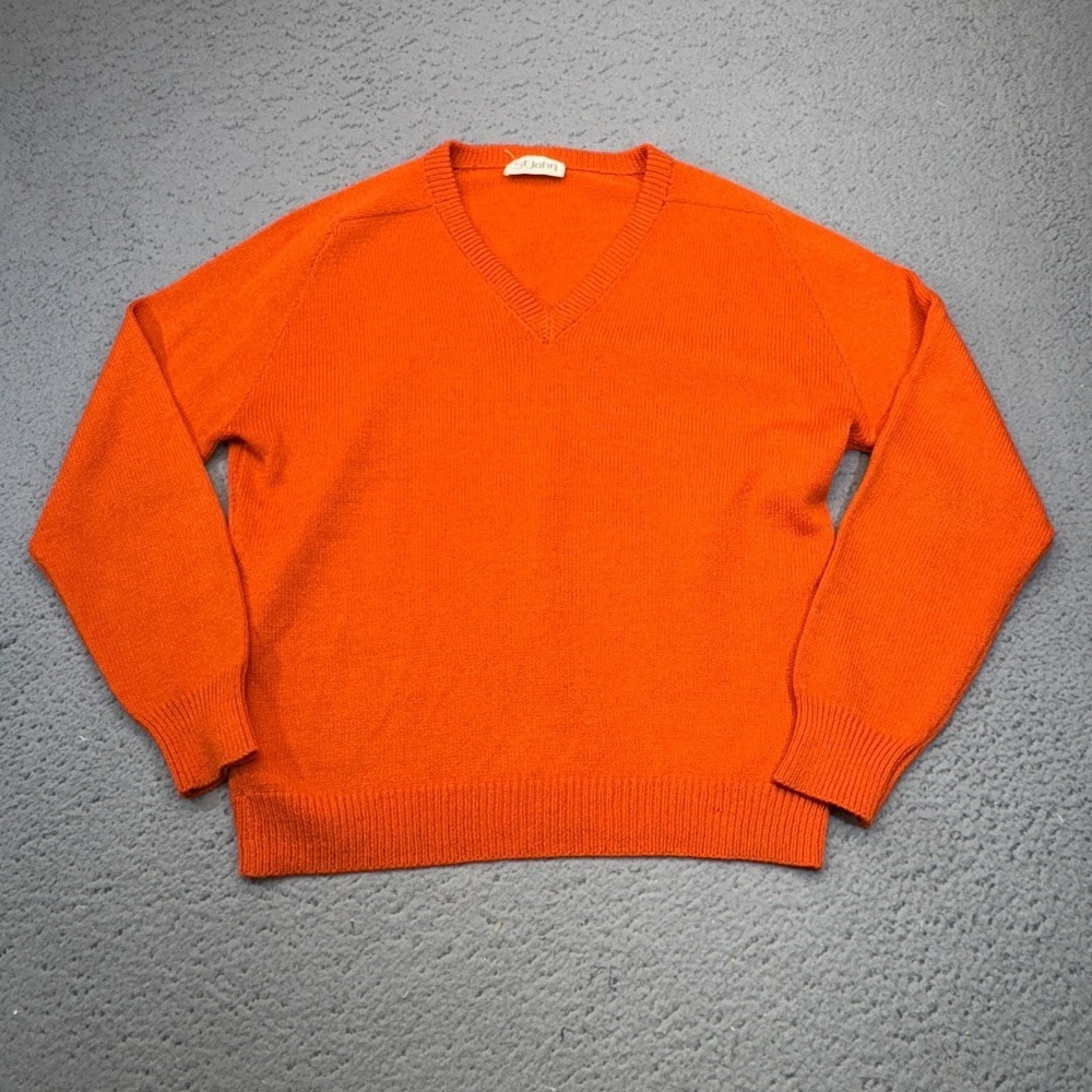 Vintage St John Santana Knit Sweater Womens 12 Orange V Neck Raglan Pullover